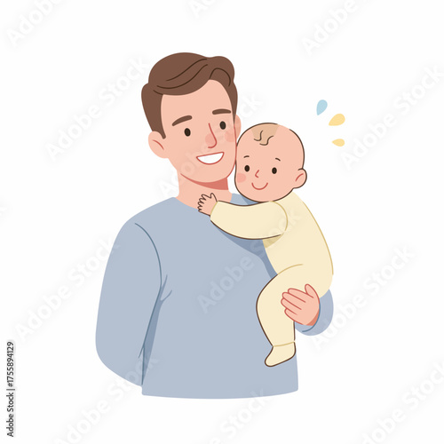Cute Cartoon Illustration of Father Holding Adorable Baby in Arms