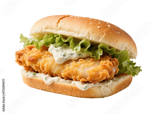 Classic golden fried fish sandwich featuring lettuce and tartar sauce on a bun isolated on transparent background