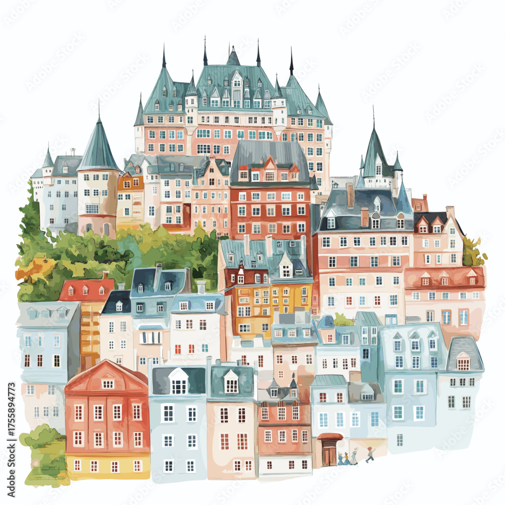 Fototapeta premium Old Quebec City. Old Quebec City hand drawn watercolor illustration