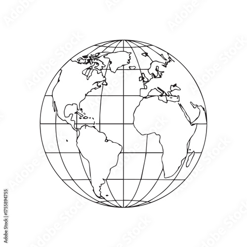 A simple black and white line drawing of planet Earth, showing continents.
