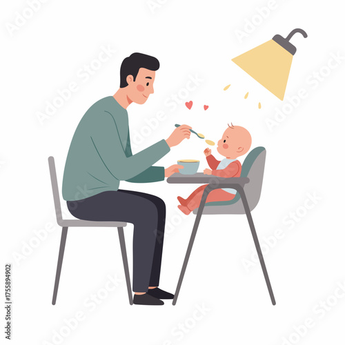 Flat Style Illustration of Father Feeding Cute Baby in High Chair