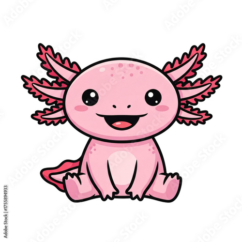 Cute pink cartoon axolotl sitting and smiling, isolated on transparent background