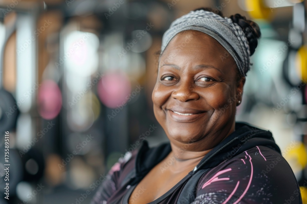 Fototapeta premium Smiling mature woman in gym with fitness equipment