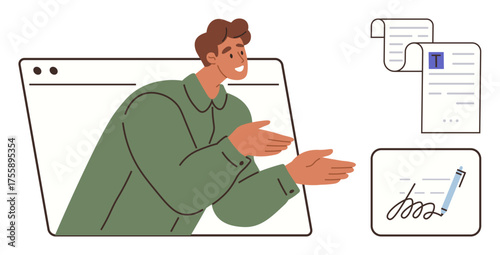 Man in browser window gestures toward documents and signed form, emphasizing digital communication, efficiency, teamwork, modern workflow, e-signatures, online contracts, simplified flat metaphor