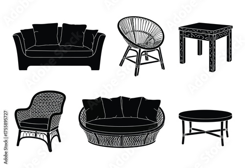 Collection of black furniture vector illustrations for interior design and decorating projects scalable eps vector illustration white background