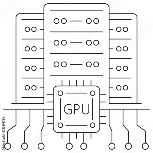 Hardware in Machine Learning Infrastructure Icon. Vector pictogram with thin black lines on transparent background. Line thickness is editable. It visually represents high-performance computing power