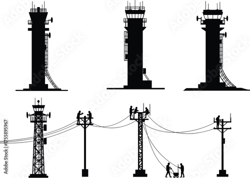 Communication towers, electrical poles, utility workers, power line repair, transmission structures, maintenance crew silhouettes, high voltage infrastructure, electricity network, 
