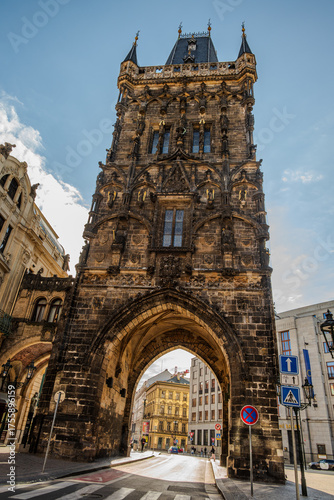 Late-Gothic Powder Tower in Prague, Czech Republic, with ornate sculptural decoration on its historic facade