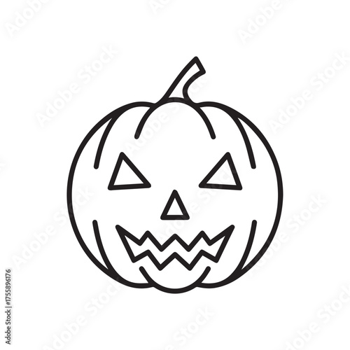 A simple black and white line art illustration of a carved Halloween pumpkin, a Jack-o'-lantern with a spooky face, isolated on a white background.