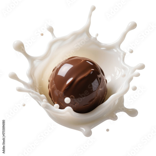 Dark chocolate truffle splashing into a vibrant crown of white milk isolated on transparent background