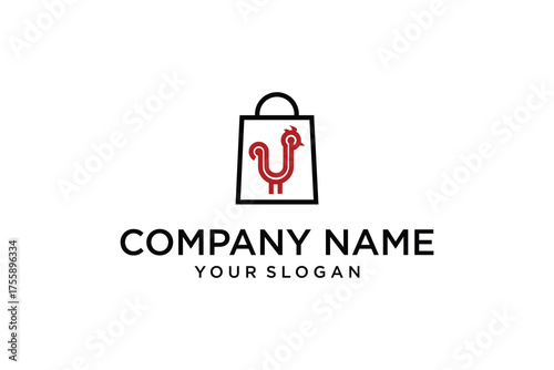 Shopping Bag with Stylized Red Rooster Chicken Logo Design