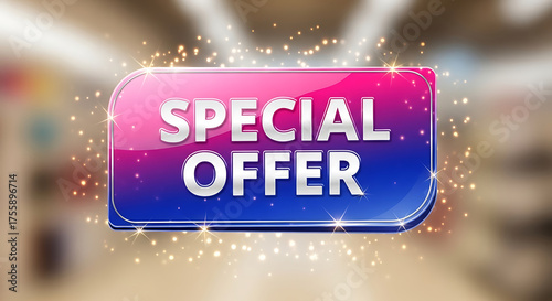Bright special offer sign with glowing lights and bokeh effect