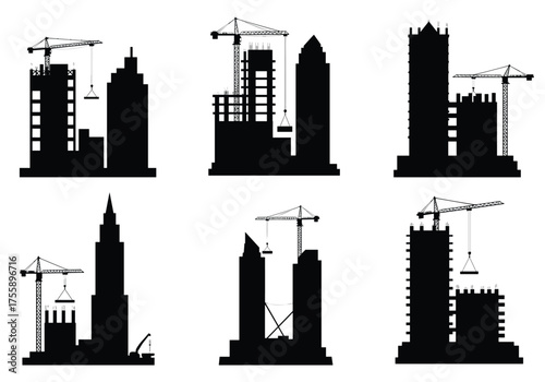 Construction building silhouettes, crane lifting materials, scaffolding structure, urban development, architectural framework, 