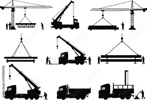 Construction Cranes, Trucks, Workers, and Lifting Equipment Silhouette Set for Industrial, Engineering, Transportation, Logistics, Heavy Machinery, and Construction Site Design Projects
