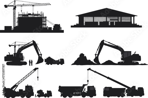 Construction Equipment and Building Site Silhouettes with Cranes, Excavators, Trucks, and Workers for Engineering, Architecture, Infrastructure, and Heavy Machinery Industrial Design Concepts
