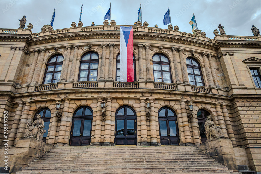 Fototapeta premium Elegant neoclassical façade of the Rudolfinum concert hall in Prague, Czech Republic, captured on an overcast day