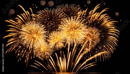 Beautiful illustration of colorful fireworks on plain black background. Colorful Fireworks in black sky background for New Year celebration concept.