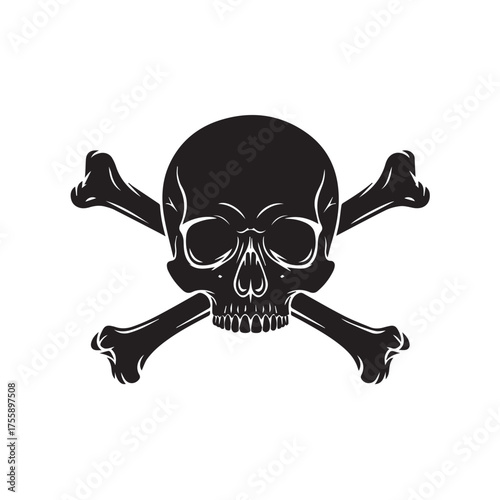 Black silhouette of a human skull and crossbones, a symbol of danger, poison, or pirates, isolated on a white background.
