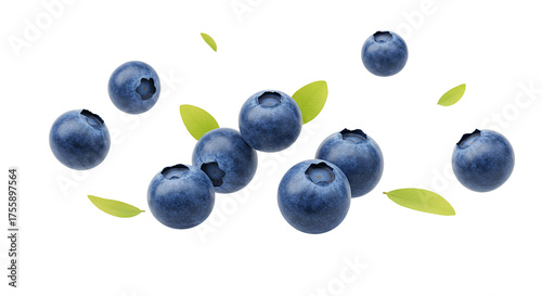 Fresh ripe blueberries flying in the air with green leaves isolated