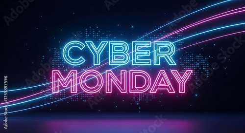 Bright neon cyber monday text with flowing lights effect