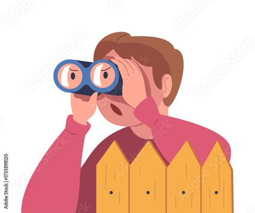 Man Character Spying, Observing and Sneaking Looking and Peeping Out Fence with Binocular Vector Illustration