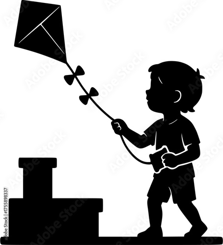 Rooftop Kite Flying Silhouette: minimal filled vector of child holding spool while flying a kite from terrace, simple black composition on transparent background for Makar Sankranti, festival & cultur