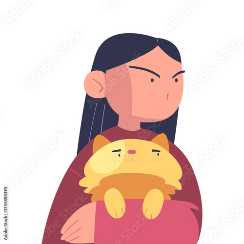 Girl Character with Grumpy Frown Face Spying Looking Holding Cat Pet Vector Illustration