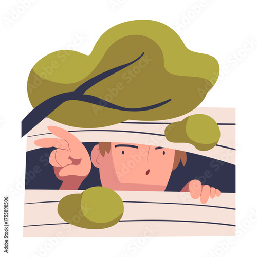 Man Character Spying, Observing and Sneaking Looking and Peeping Out Window Vector Illustration