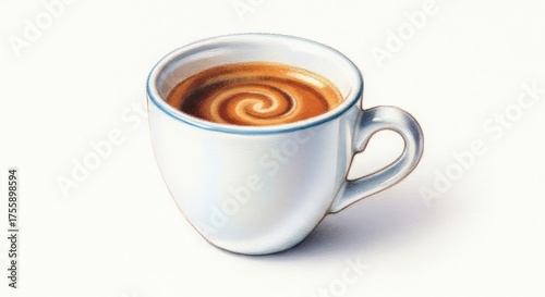 A white ceramic cup filled with a warm, swirling coffee beverage on a plain background.