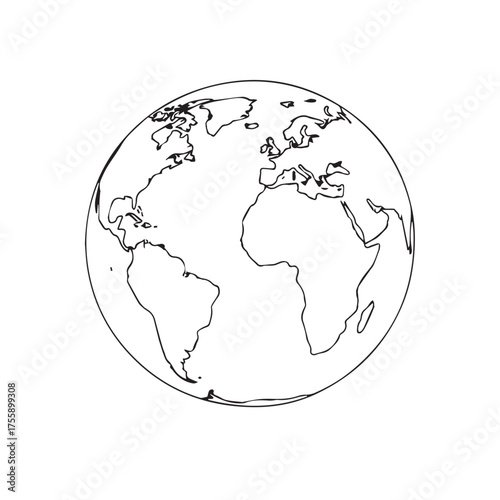A simple black and white illustration of planet Earth, showcasing continents.