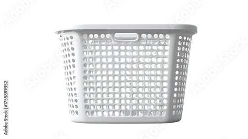 White plastic laundry basket with holes isolated on transparent background, container