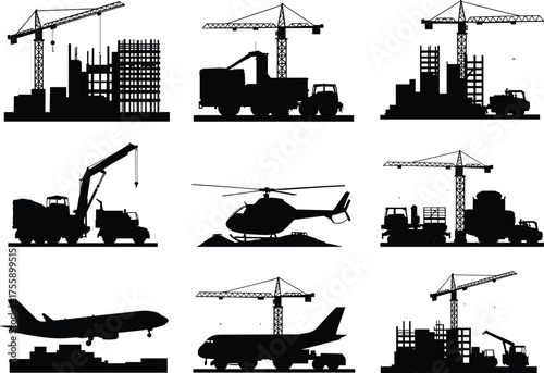 Construction site silhouettes, tower crane, cement mixer, truck, helicopter, airplane, runway, control tower, industrial machinery, transport, infrastructure, urban development, black vector icons