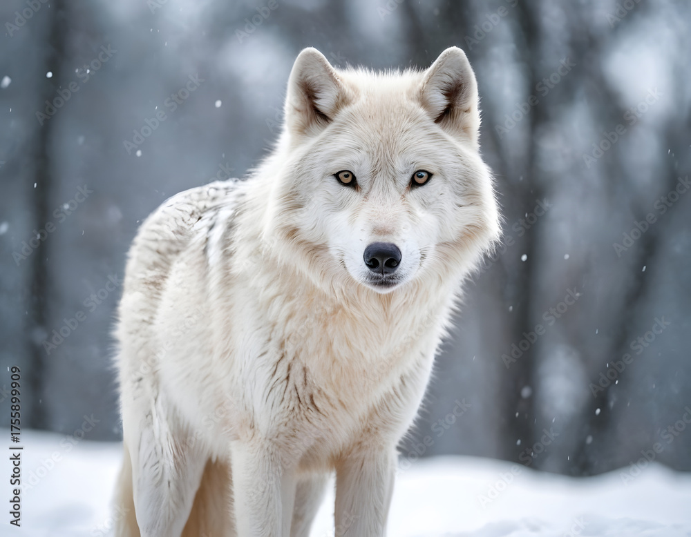 Obraz premium a white wolf in the snow, white wolf in winter, white wolf in winter forest