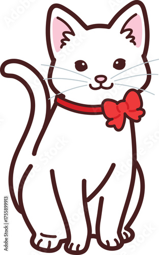Simple and adorable Christmas white cat illustration outlined