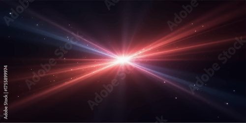 Bright red and blue starburst light flare effect in deep space with subtle stars