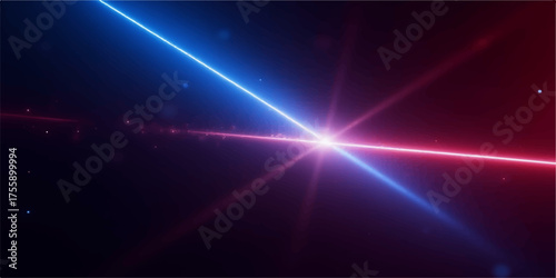 Two opposing beams of blue and red light collide in a cosmic explosion of energy and stars