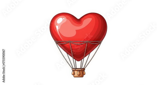 A heart-shaped hot air balloon with a basket, symbolizing love and romance.