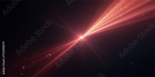 Abstract glowing red light beams radiating from a central point in dark space with tiny particles