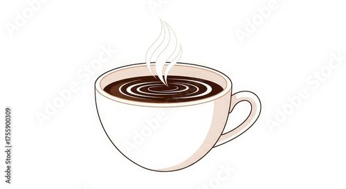 A white ceramic cup filled with hot, dark coffee, with steam rising and ripples on the surface.