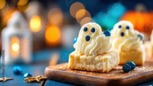 Halloween cookie decorating with ghost shaped frosting on square cookie with blue candy and warm glowing background