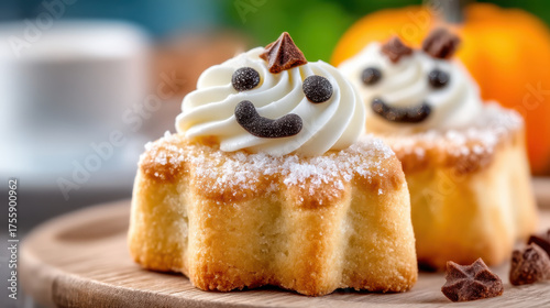Halloween cookie decorating with smiling ghost cupcakes topped with whipped cream and chocolate pieces on wooden plate
