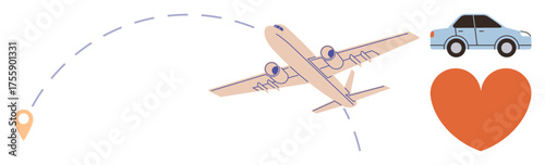 Airplane flying along dotted travel path, destination pin, car, and heart symbolizing travel, love, and connection. Ideal for travel industry, logistics, vacation long-distance relationships