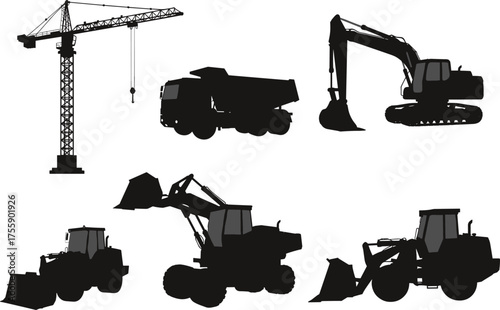Construction vehicle silhouettes, tower crane, dump truck, excavator, front loader, wheel loader, backhoe loader, heavy machinery, industrial equipment, vector illustration set