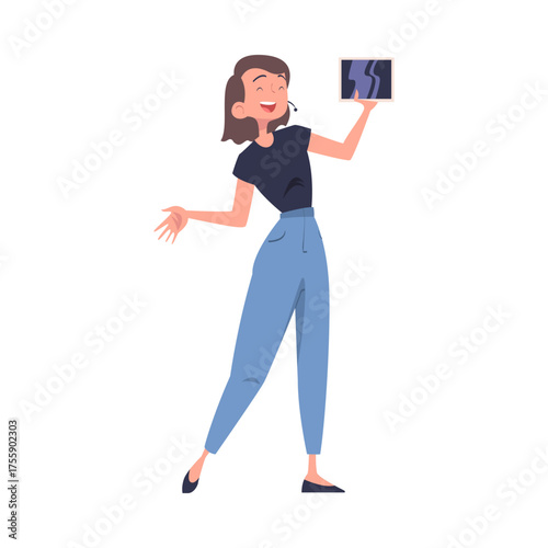 Woman Character Talking about New Tablet Standing and Speaking Vector Illustration