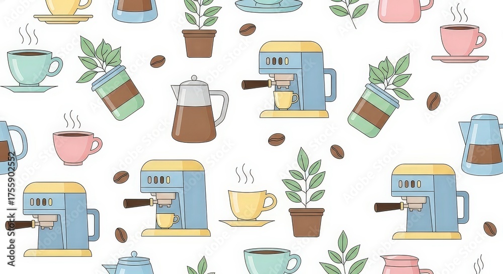 Seamless pattern with cute coffee machines, cups, pots, and plants in a pastel color palette.