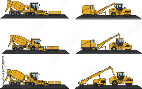 construction vehicles illustration, heavy machinery equipment, concrete mixer truck, road roller, crane truck, industrial construction machines, 