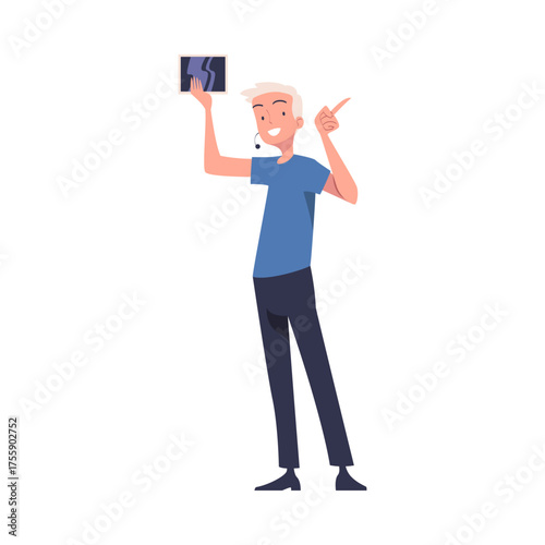 Man Character Talking about New Tablet Standing and Speaking Vector Illustration