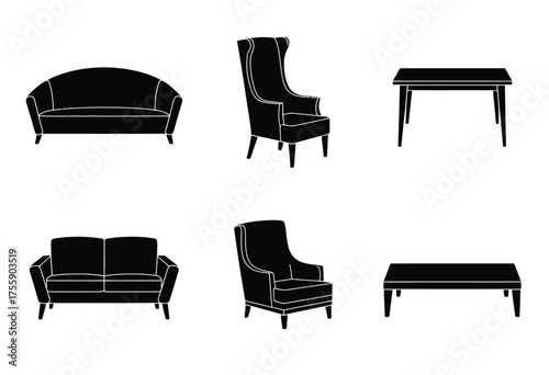 Vector illustration set of classic furniture silhouettes including sofas chairs and tables for design projects vector illustration white background