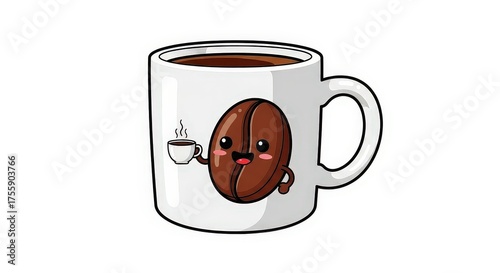 Cute cartoon coffee bean character holding a tiny cup of coffee on a white mug.