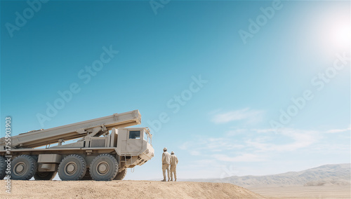 Military truck on desert terrain with soldiers nearby, concept of defense, transportation and outdoor operation.